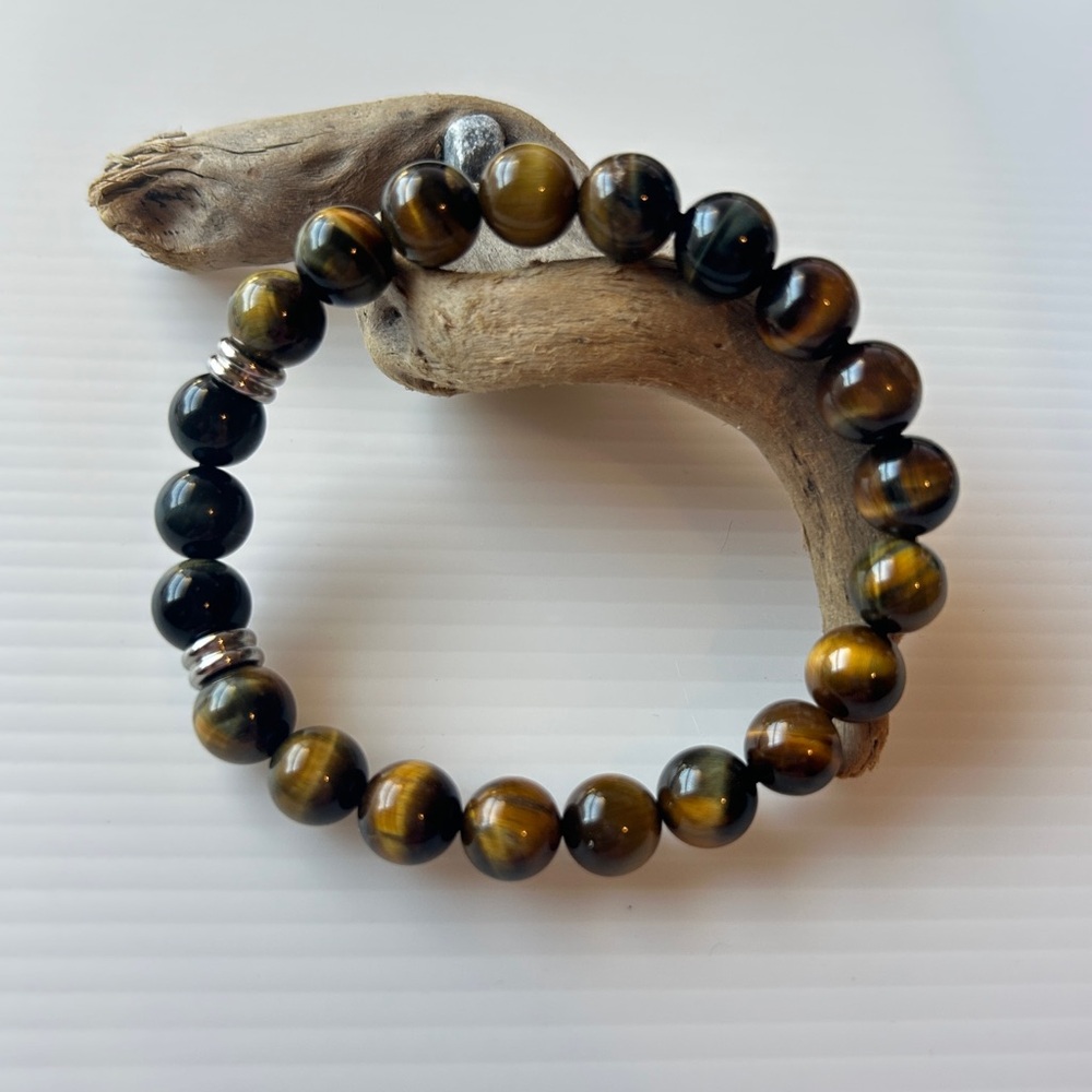 Natural yellow blue Tiger Eye Beaded Bracelet silver tone protection 10mm M/L